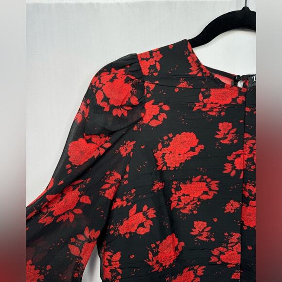 Zara Women’s Sheer Chiffon Black Red Floral Blouse Size Medium - Picture 4 of 15